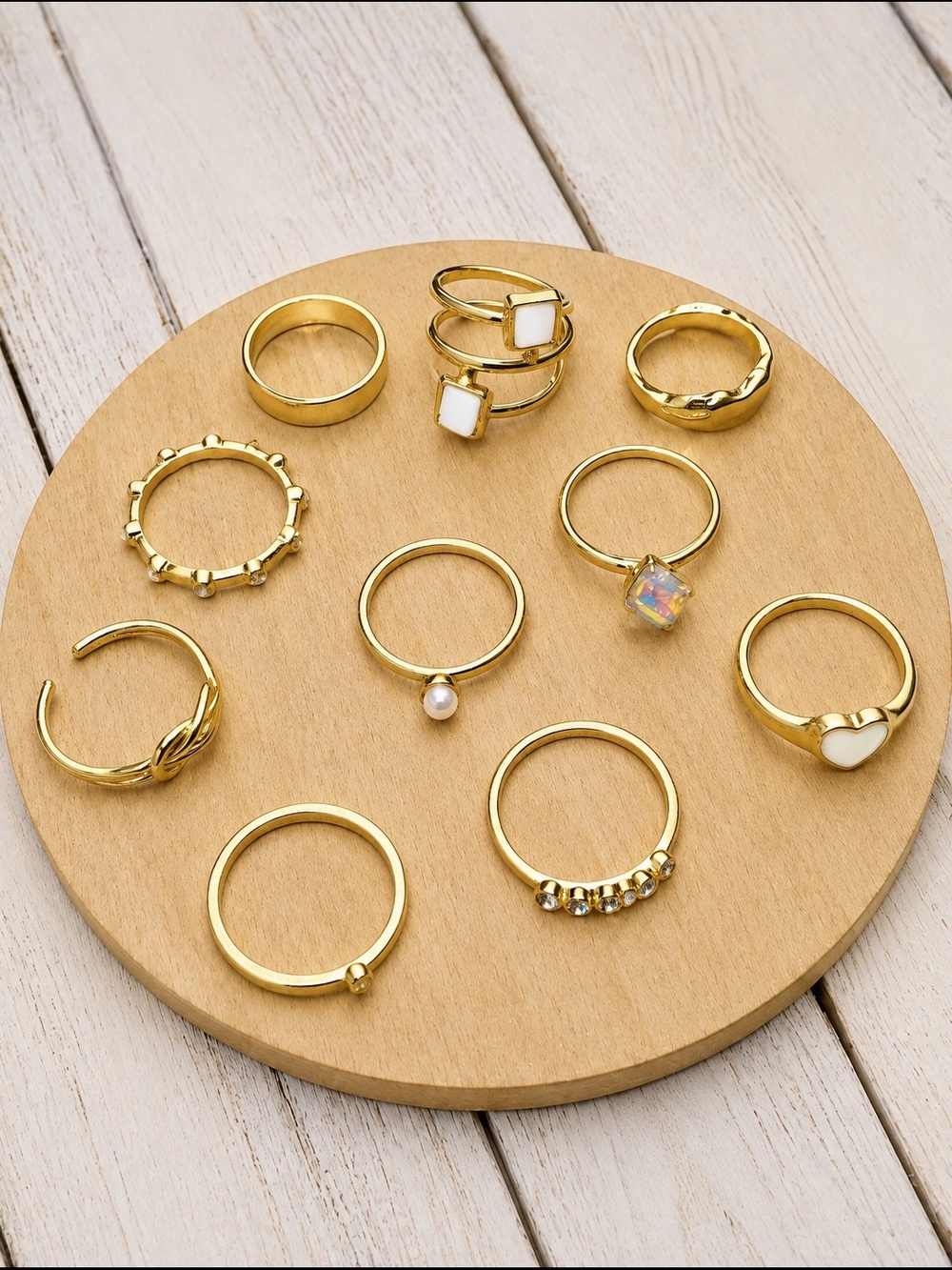 Gold Stackable Women's Ring Set with White and Opal Accents